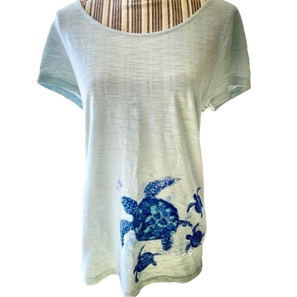 J.Jill beach tee collection, cotton tee, size M, turtles with beading, no stains